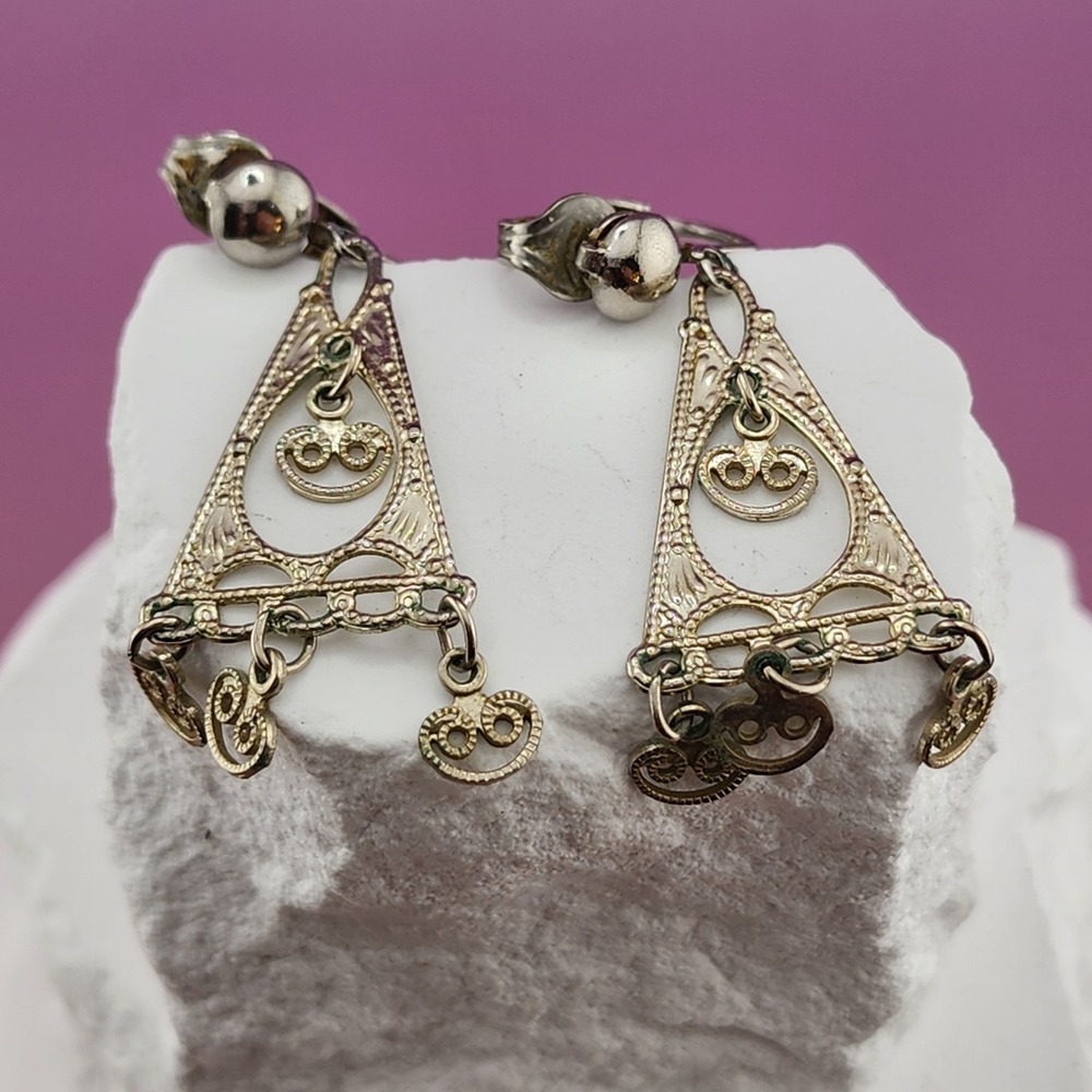 Gold Tone Smiley Face Dangle Earrings Filigree Triangle Charm Vintage Whimsy